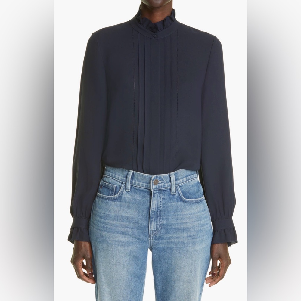 Lafayette 148 New York Harlan Silk Georgette Blouse in Ink (Navy) Size XL